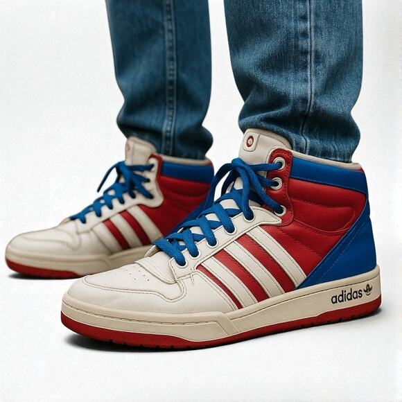 00s ADIDAS Vintage White Blue Court With Attitude High Top Sneaker Mens 6.5 - Picture 1 of 9